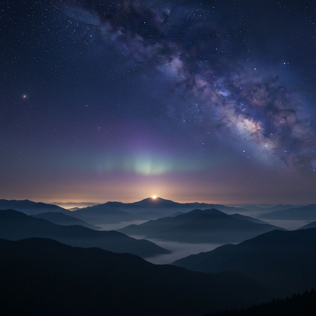 Starry night sky over distant mountain peaks — sermon slide backdrop